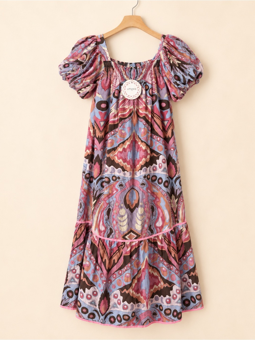 Umgee Boho Abstract Print Puff Sleeve Midi Dress Size Small NWT